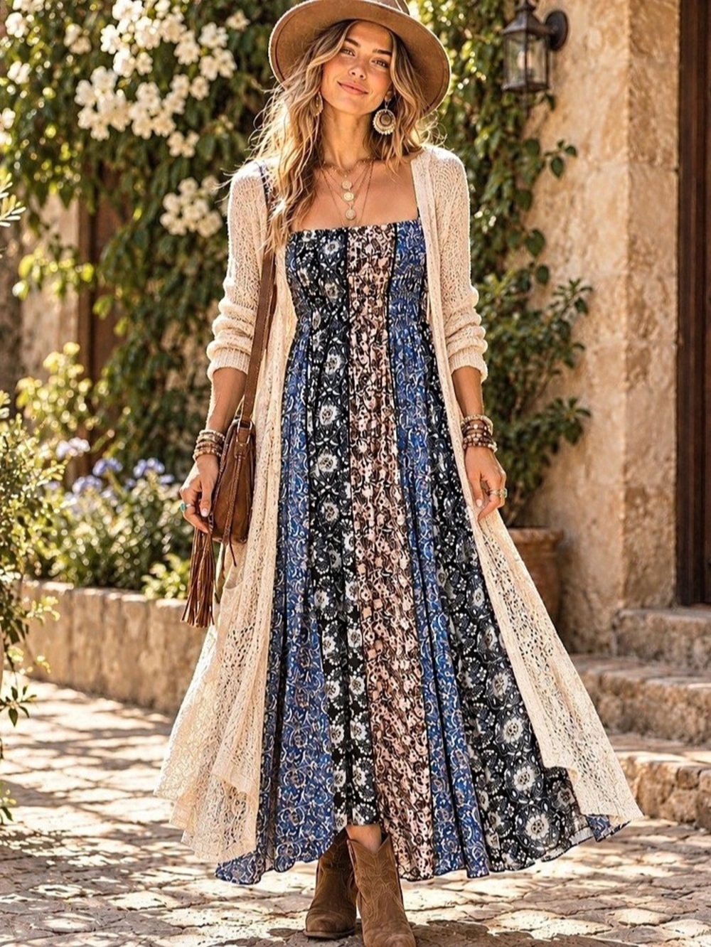 FREE PEOPLE Boho Patchwork Floral Smocked Maxi Dress Blue Pink S